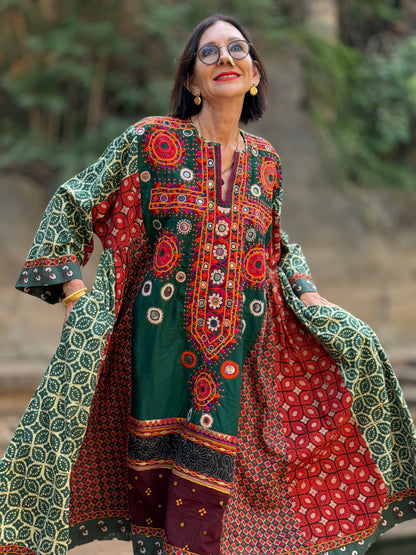 XXL Madame Hall 1-of-1 Green Artwear Dress with Rare Heritage Kutch Embroidered Yoke