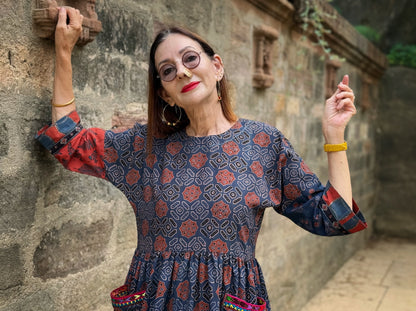 Indigo and Red Cotton Ajrakh Dress