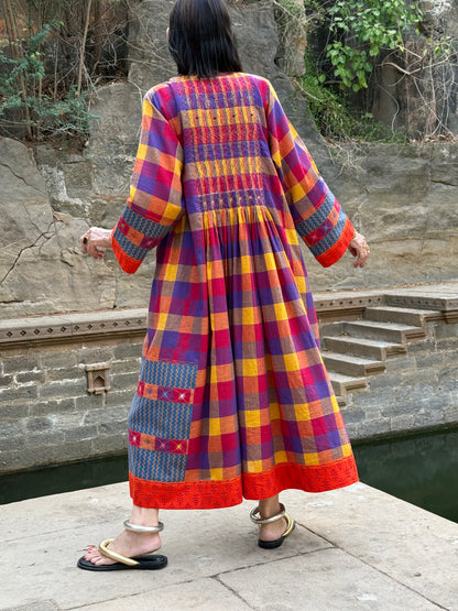 Check cotton dress with designer patchwork and smocked embroidery bodice.