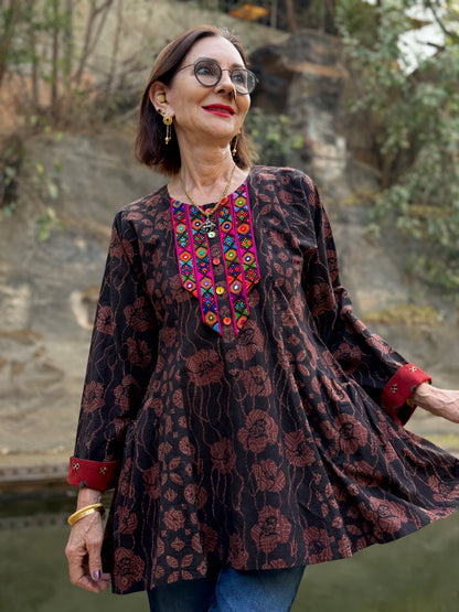 Ajrakh Cotton tunic with Indian mirror embroidery