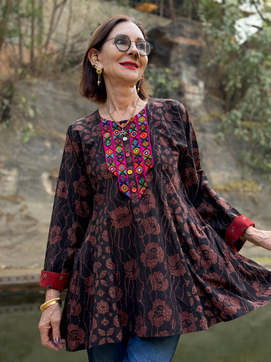 Cotton tunic, Ajrakh block printed with Indian mirror embroidery