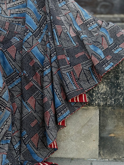 Abstract Indigo Midi Skirt Block from  Hand Printed Cotton. Perfect Twirl Skirt