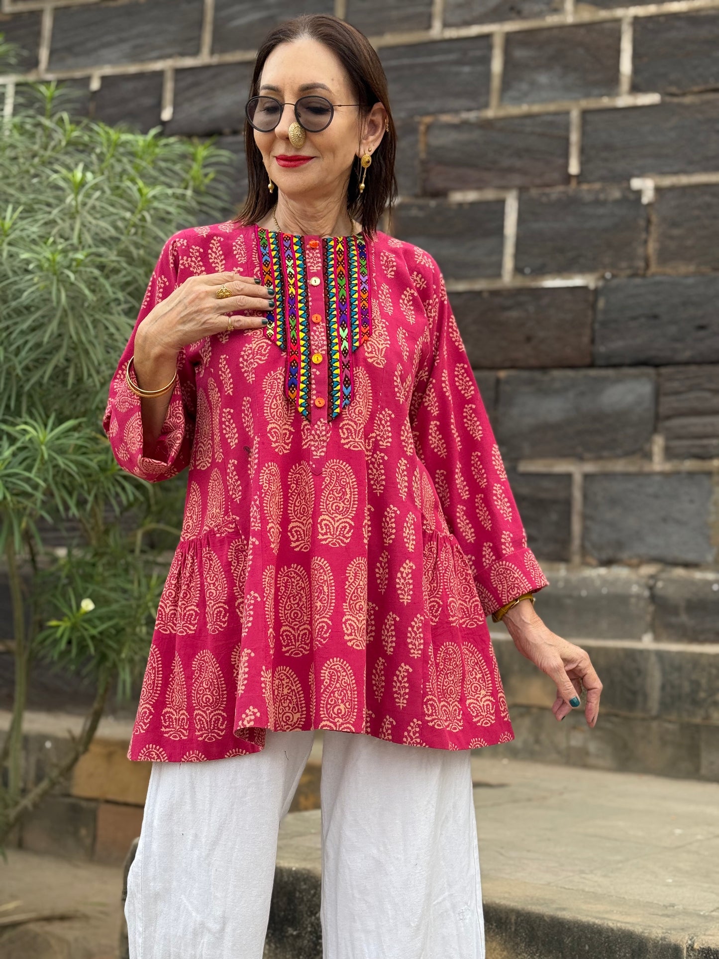 Pink Paisley Tunic with Colorful Hand Embroidery