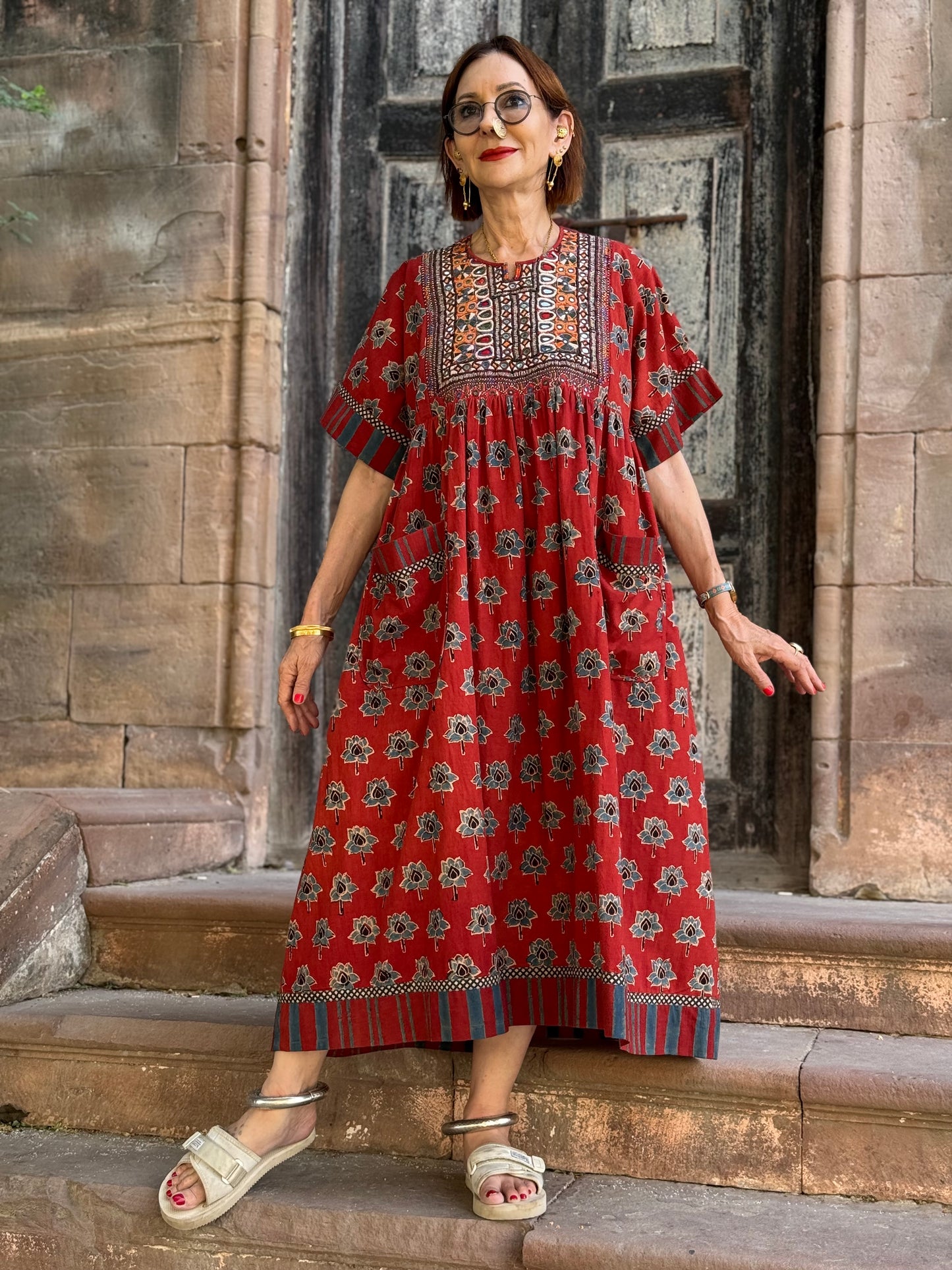 Kutch embroidery highlights this Ajrakh dress