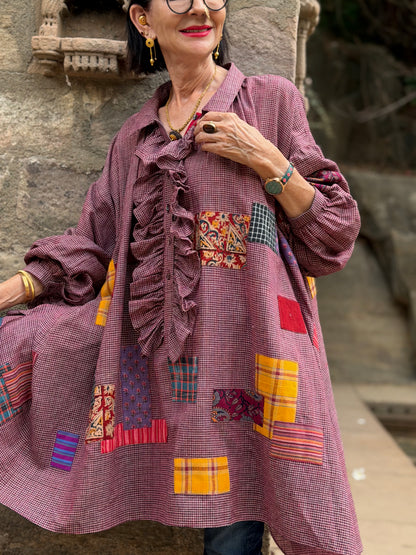 Limited Edition Bohemian Patchwork Handwoven Muslin-Cotton Ruffled Shirt