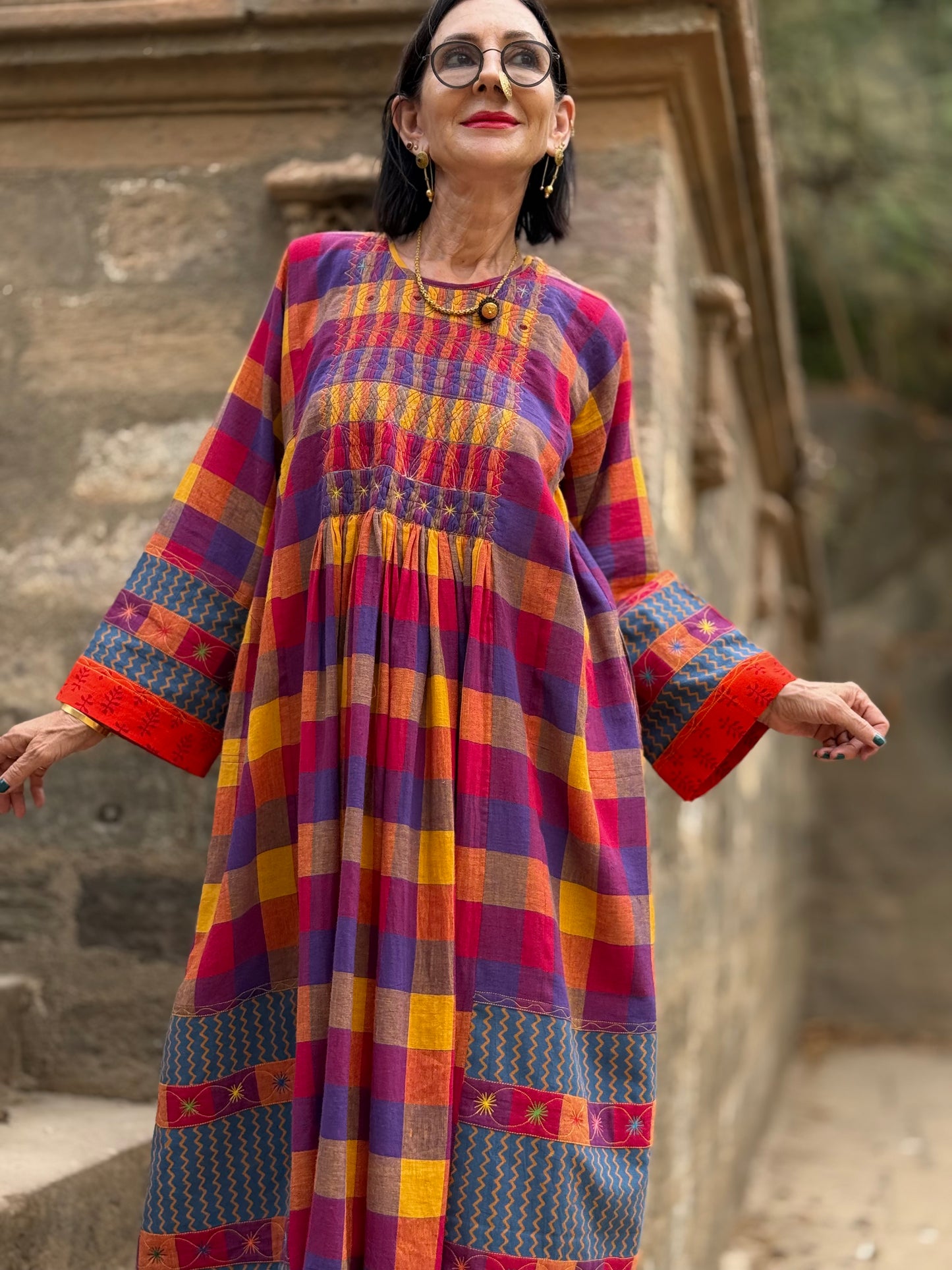 Check cotton dress with designer patchwork and smocked embroidery bodice.