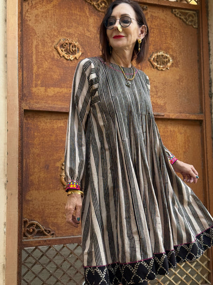 Ajrakh Stripe Cotton Dress with Colorful Embroidered Cuffs & Tucked Bodice