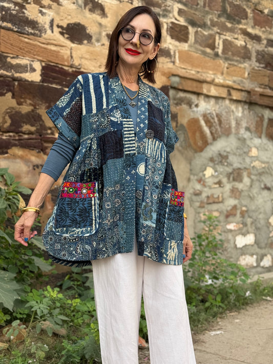 Midnight Indigo Patchwork Vest with Kutch Embroidery