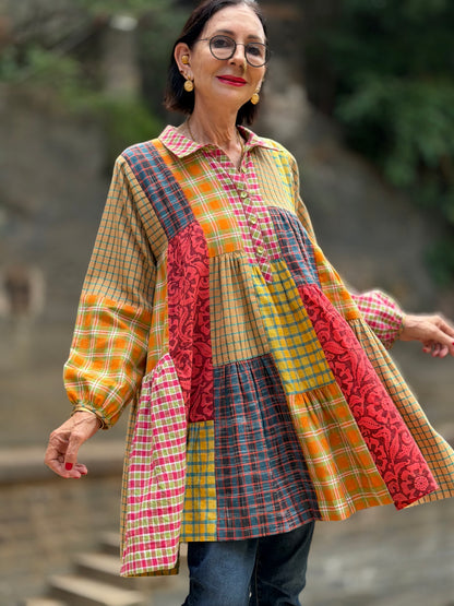 Limited Edition Khadi Cotton Trapeze Patchwork Tiered Shirt