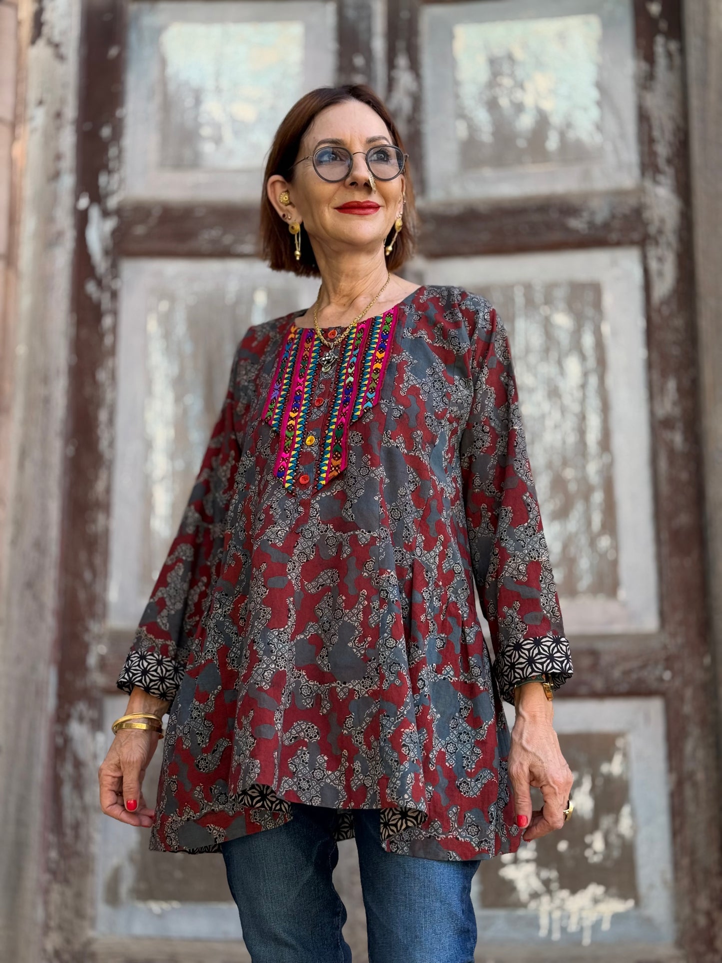 Cotton Ajrakh Tunic with Colorful Embroidery