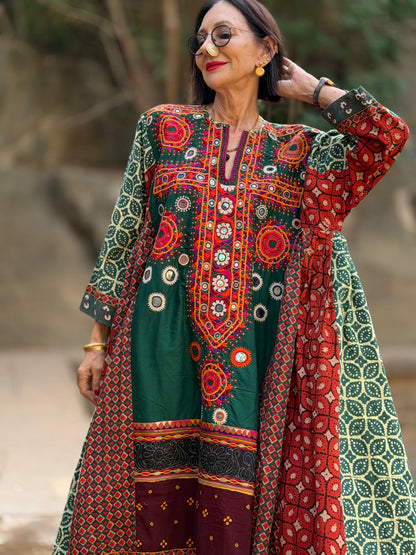 XXL Madame Hall 1-of-1 Green Artwear Dress with Rare Heritage Kutch Embroidered Yoke