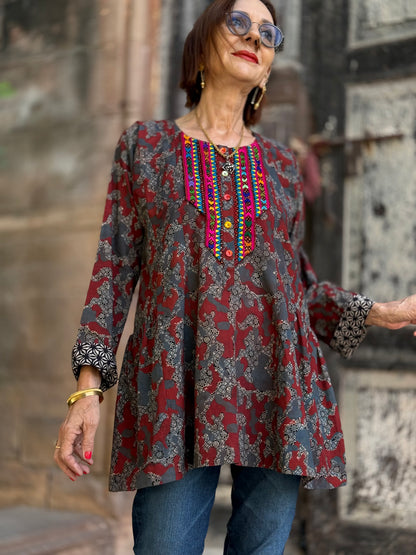 Cotton Ajrakh Tunic with Colorful Embroidery