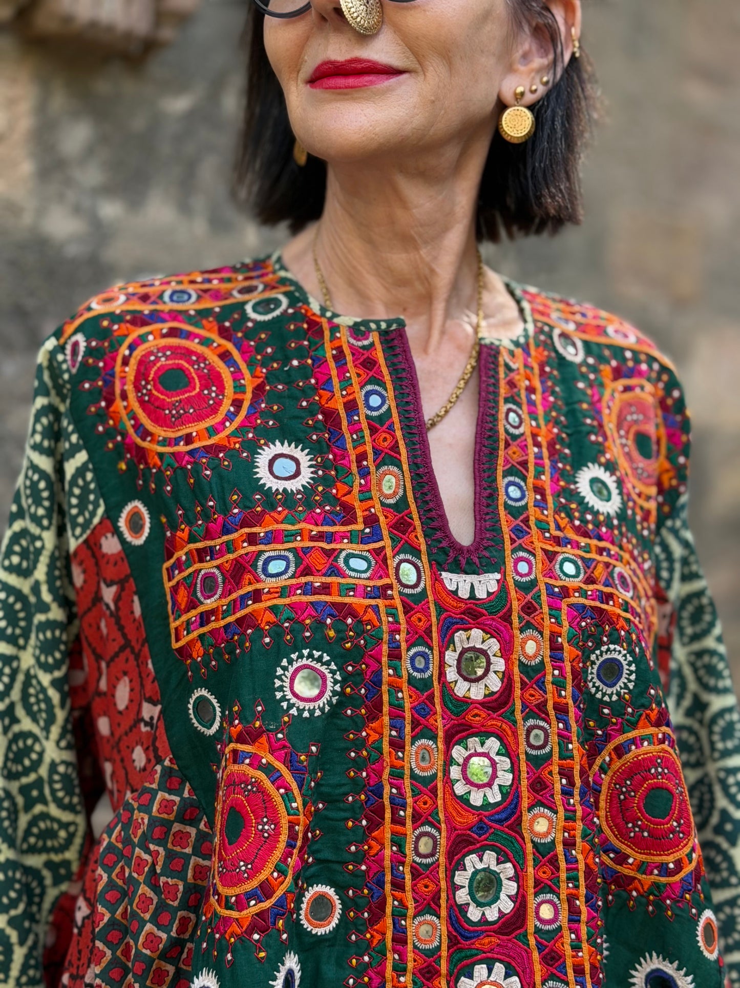 XXL Madame Hall 1-of-1 Green Artwear Dress with Rare Heritage Kutch Embroidered Yoke