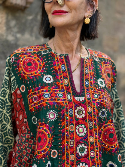 XXL Madame Hall 1-of-1 Green Artwear Dress with Rare Heritage Kutch Embroidered Yoke