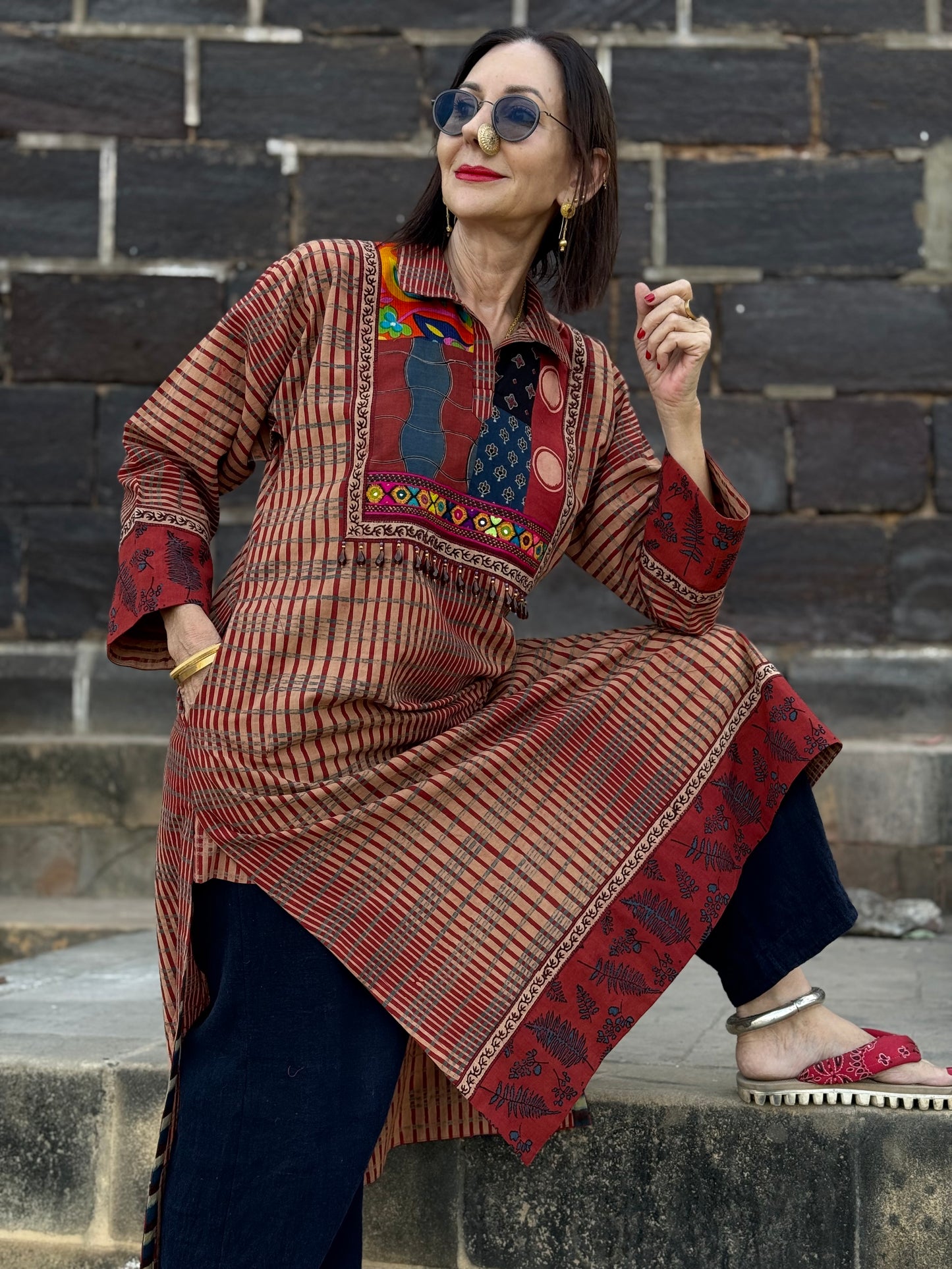 Handcrafted Red Kurta with Vintage Beads & Patchwork