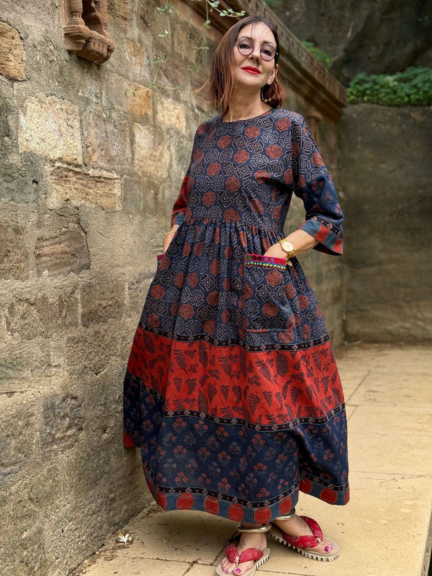 Indigo and Red Cotton Ajrakh Dress