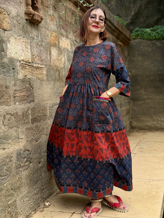 Indigo and Red Cotton Ajrakh Dress