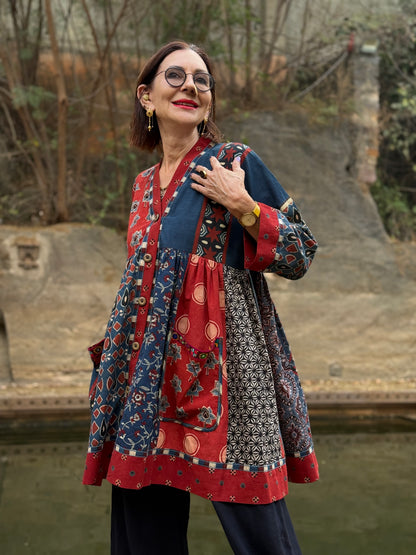 Cotton Ajrakh kaftan tunic with embroidery