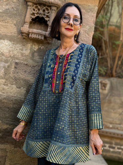 Hand Embroidered Indigo Cotton Tunic