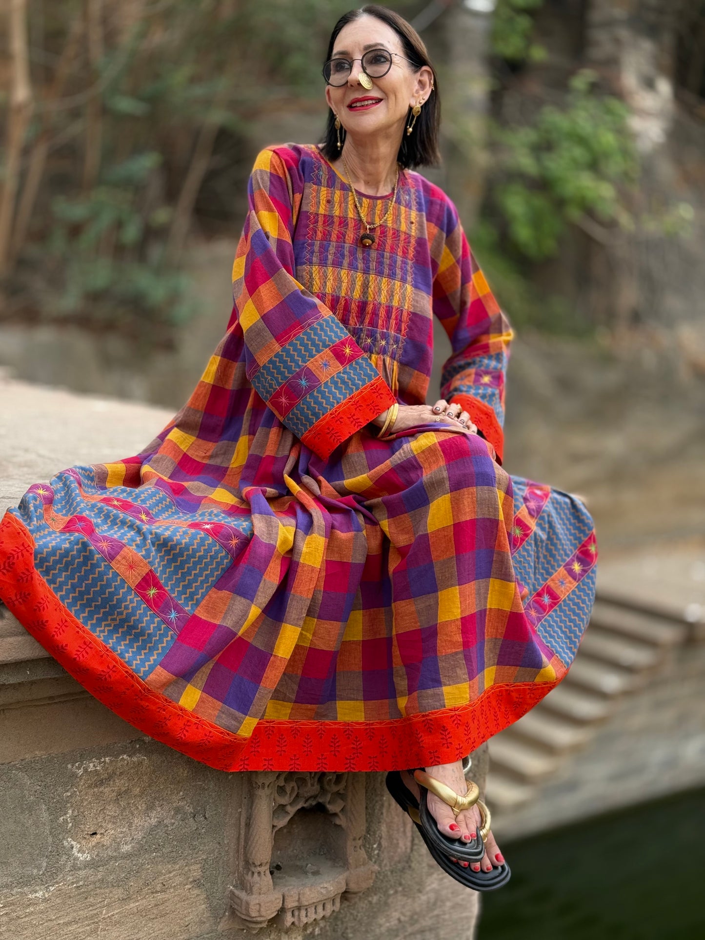 Check cotton dress with designer patchwork and smocked embroidery bodice.