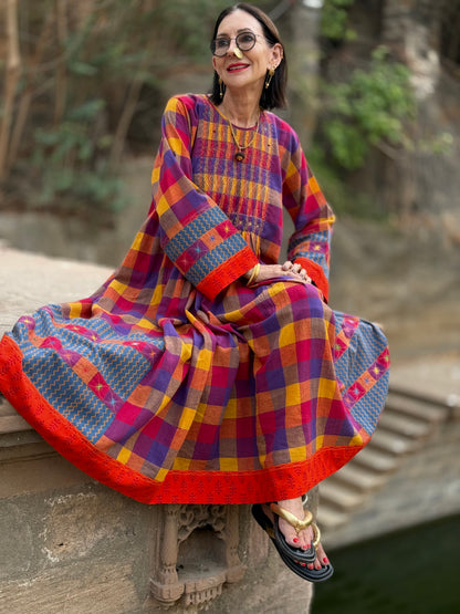 Check cotton dress with designer patchwork and smocked embroidery bodice.