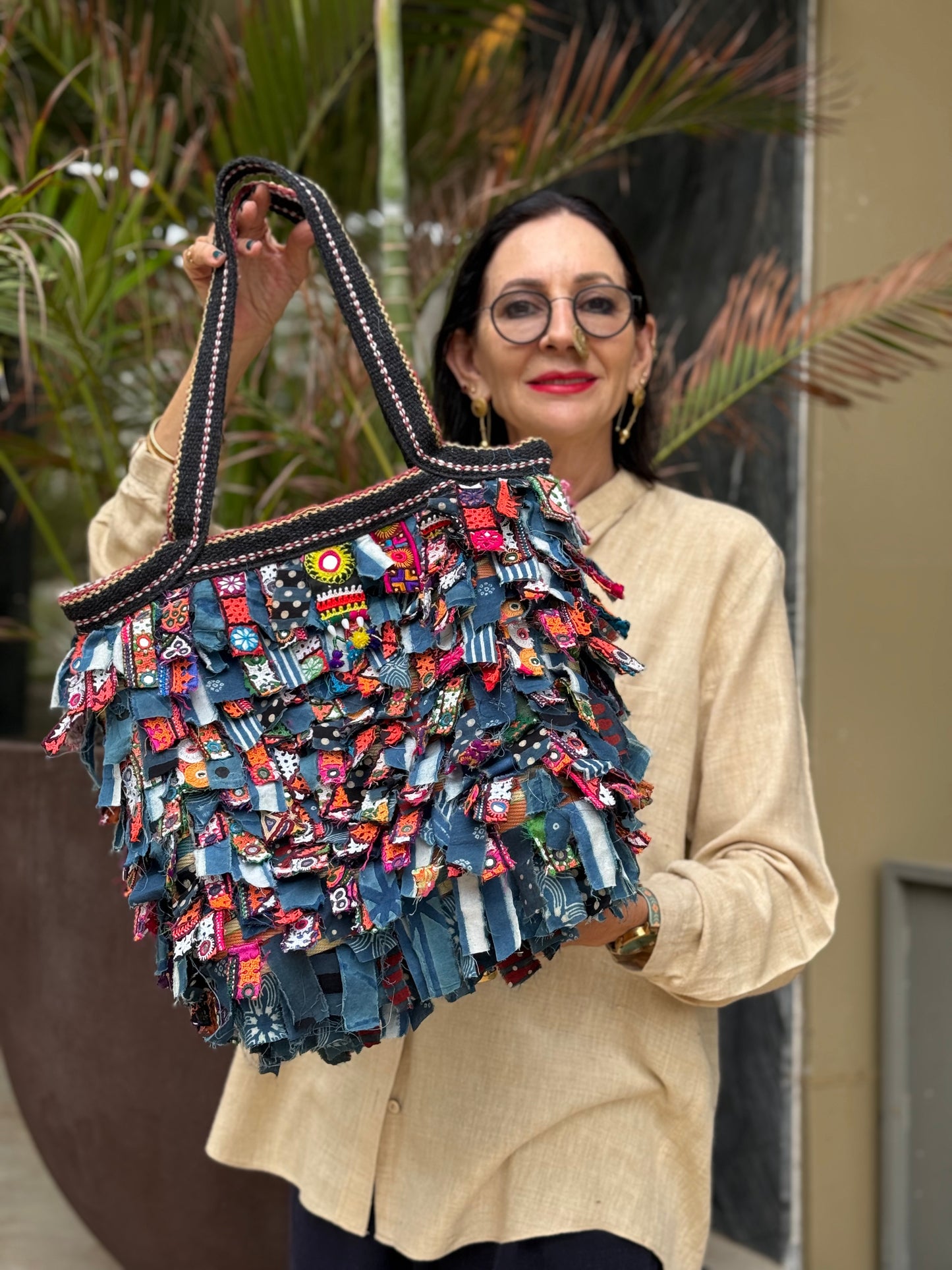 Indigo Upcycled Shaggy Embroidery Bag