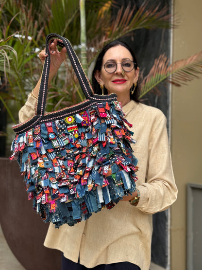 Indigo Upcycled Shaggy Embroidery Bag