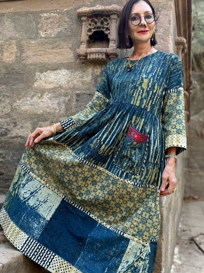 Arty cotton dress in hand printed indigo