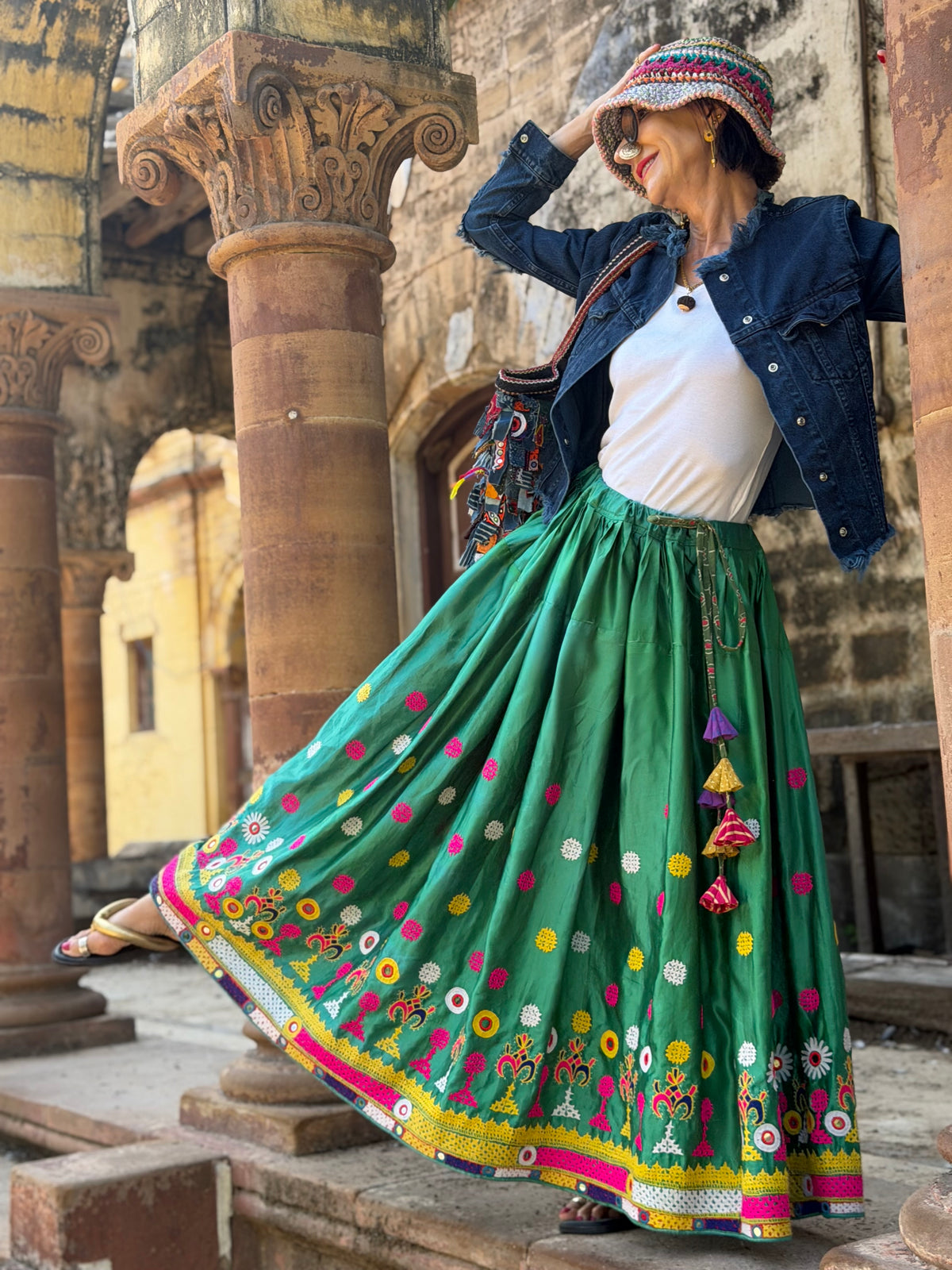 Vintage Emerald Green Hand-Embroidered Silk Navratri Midi Skirt