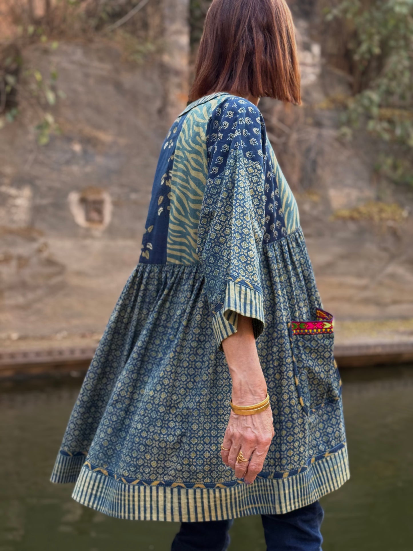 Indigo Ajrakh Tunic With Kutch Embroidery