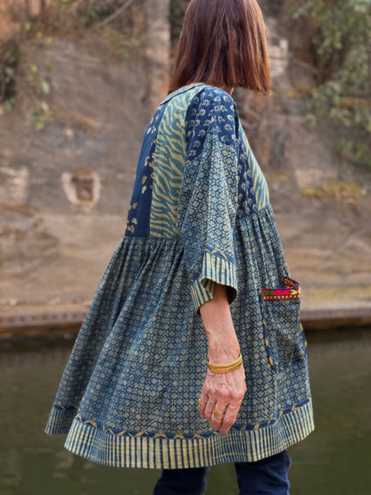 Indigo Ajrakh Tunic With Kutch Embroidery