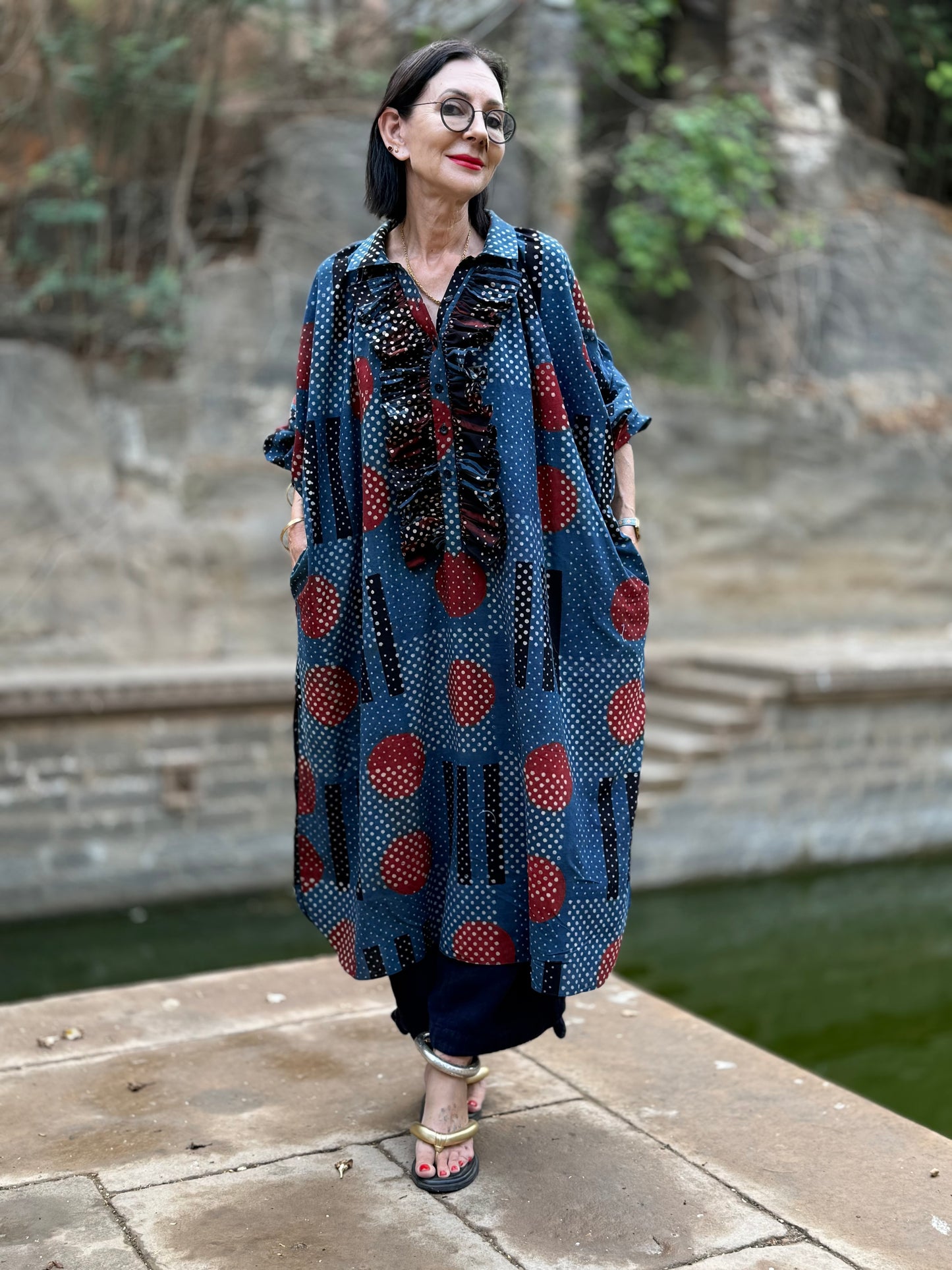 Modernist Indigo Ajrakh Cotton Shirtdress