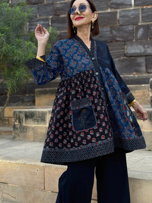 Indigo Blue Cotton Tunic in a mixed print design of hand printed Ajrakh.