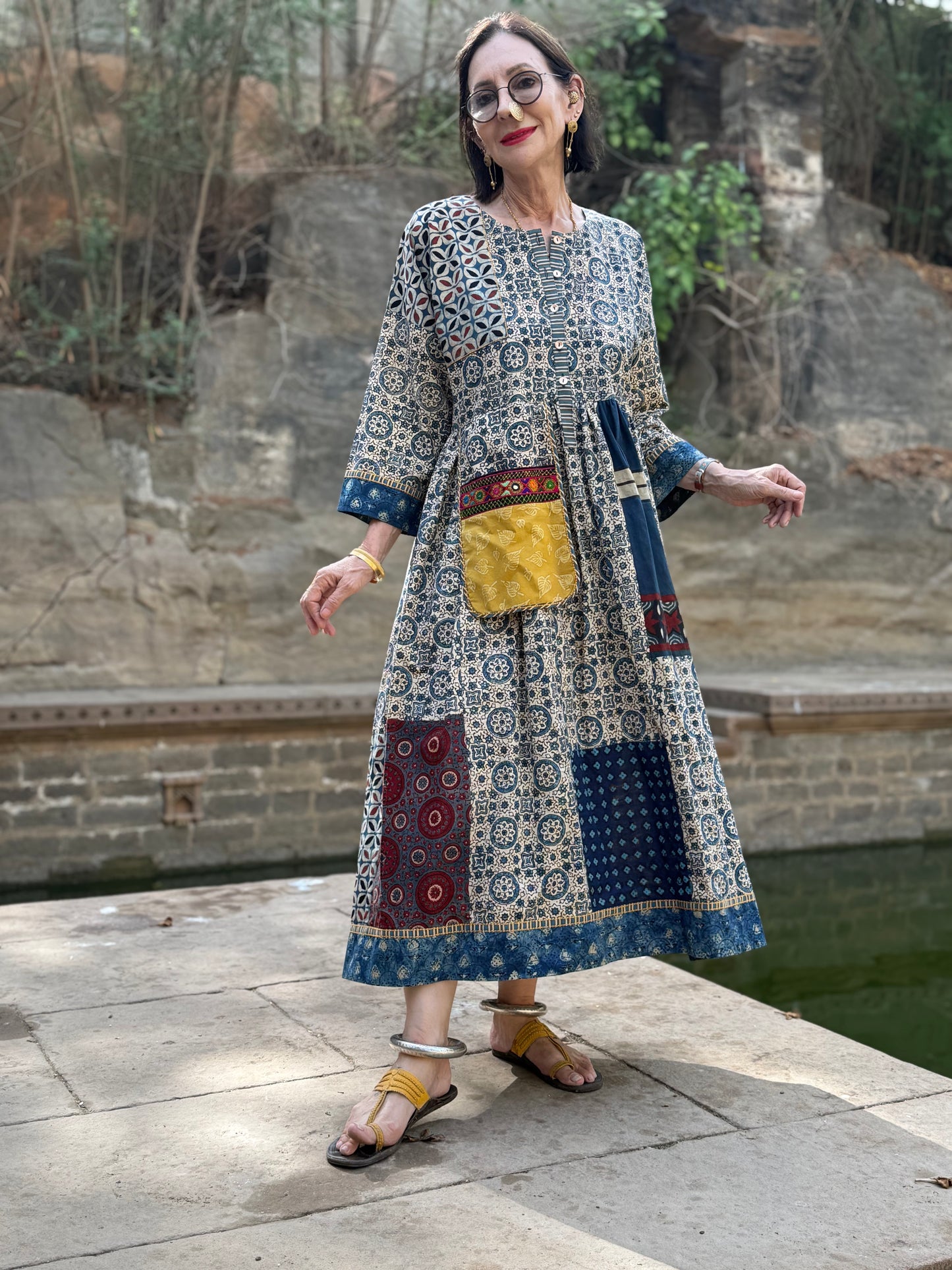Indigo Cotton Patch Dress with Kutch Embroidery