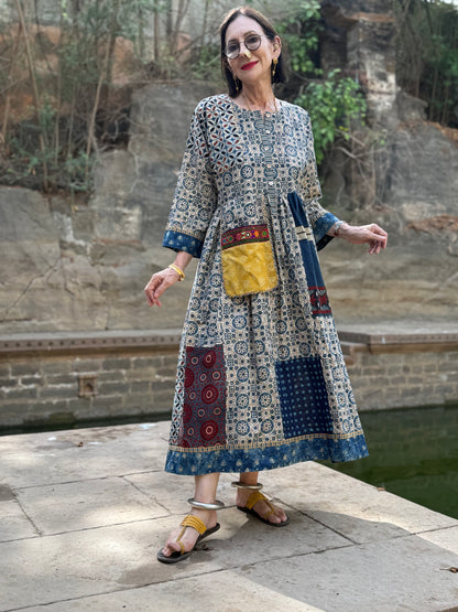 Indigo Cotton Patch Dress with Kutch Embroidery
