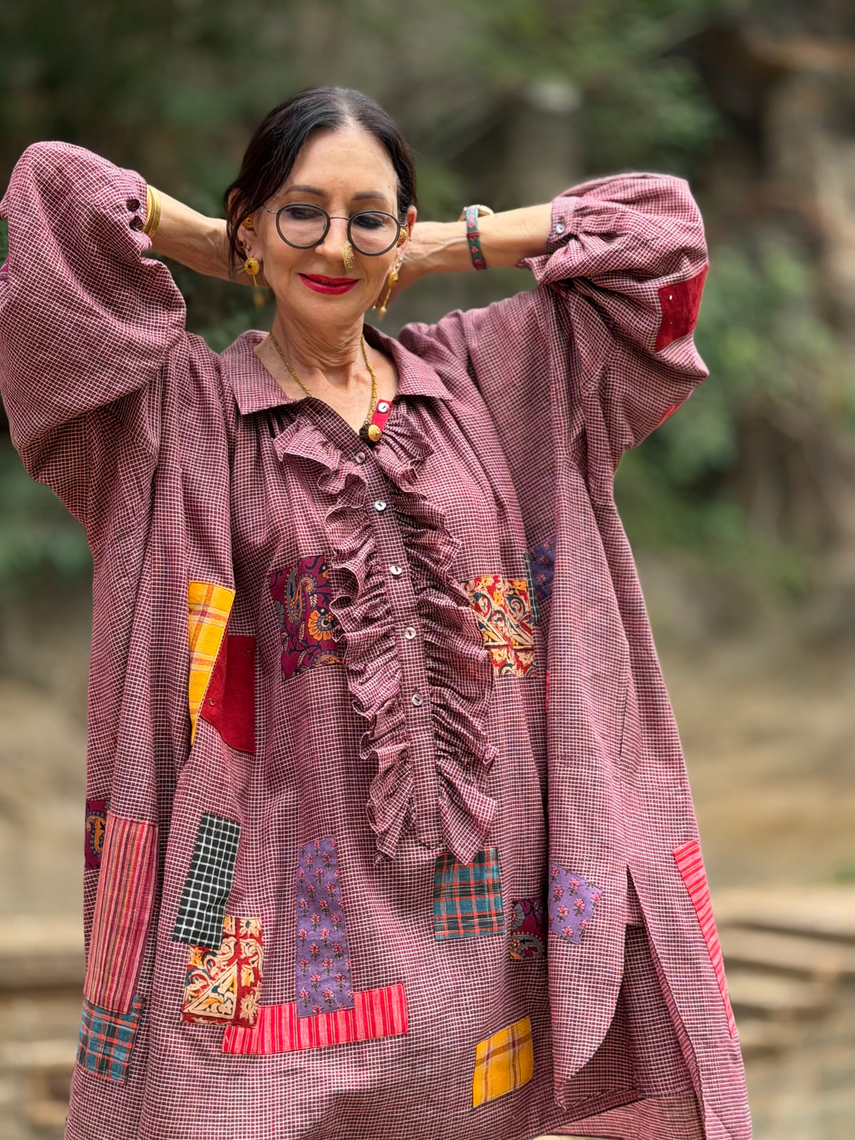 Limited Edition Bohemian Patchwork Handwoven Muslin-Cotton Ruffled Shirt