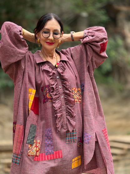 Limited Edition Bohemian Patchwork Handwoven Muslin-Cotton Ruffled Shirt