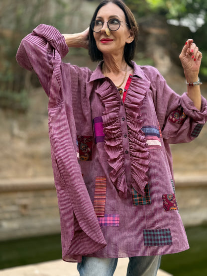 Lightweight cotton shirt with ruffles and patches