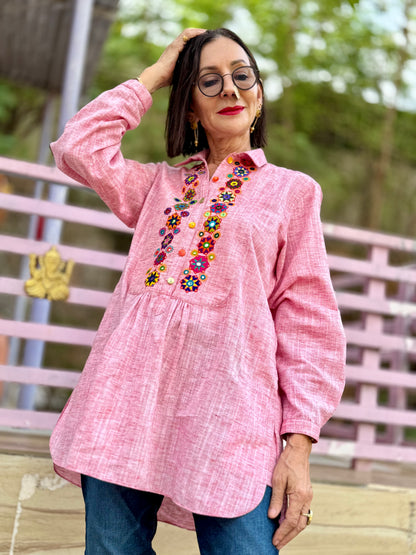 Khadi Cotton Pink Embroidery Shirt