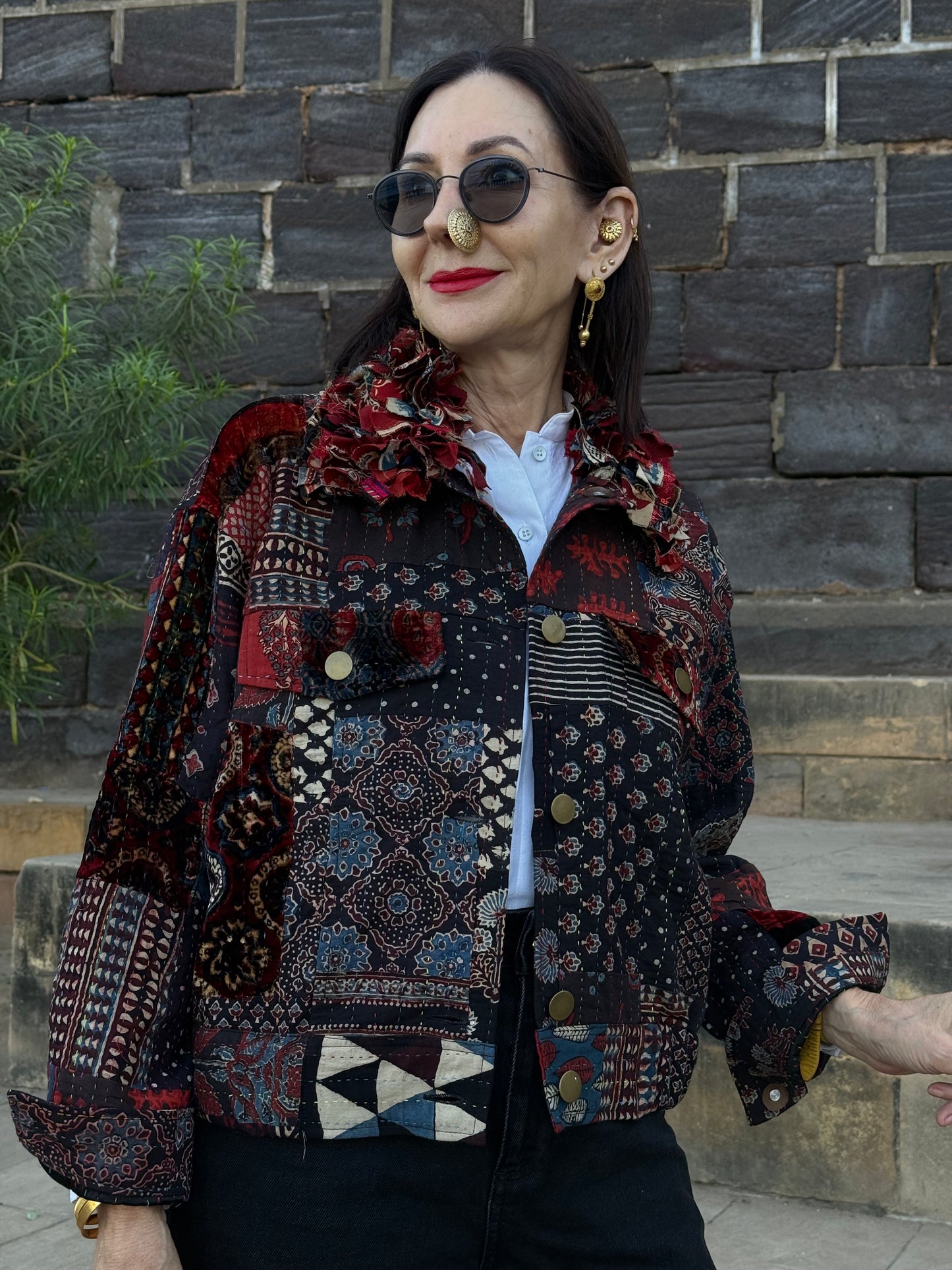 Handcrafted Ajrakh Patchwork Bomber Jacket - Luxe Art-to-Wear Design