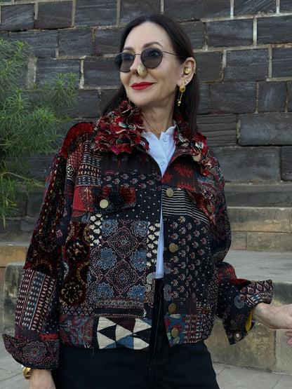 Handcrafted Ajrakh Patchwork Bomber Jacket - Luxe Art-to-Wear Design