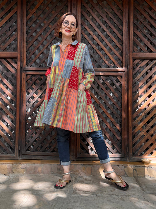 Colorful tiered shirt in Khadi cotton checks, stripe and floral print