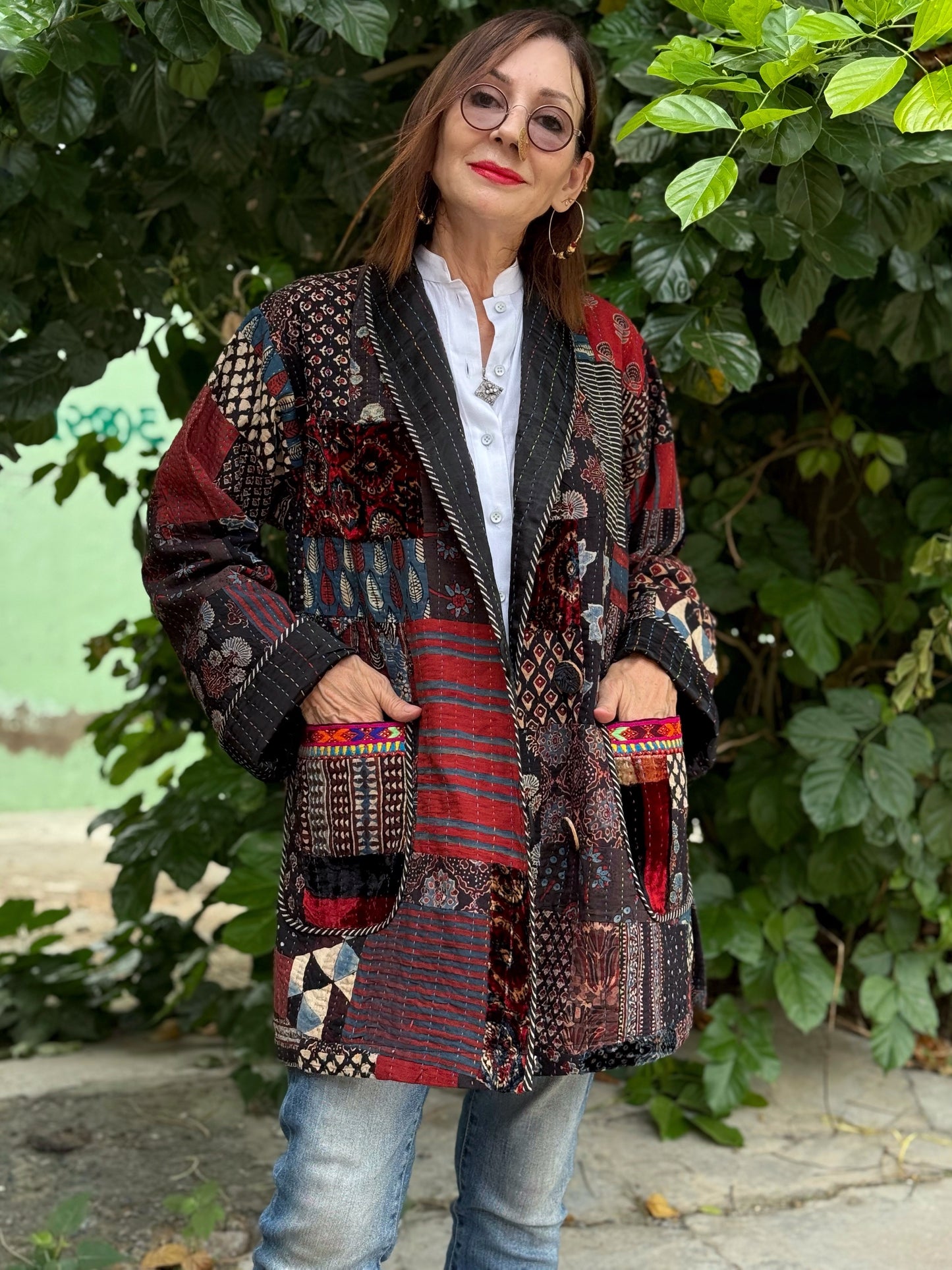 Hand quilted patchwork jacket of luxe Ajrakh