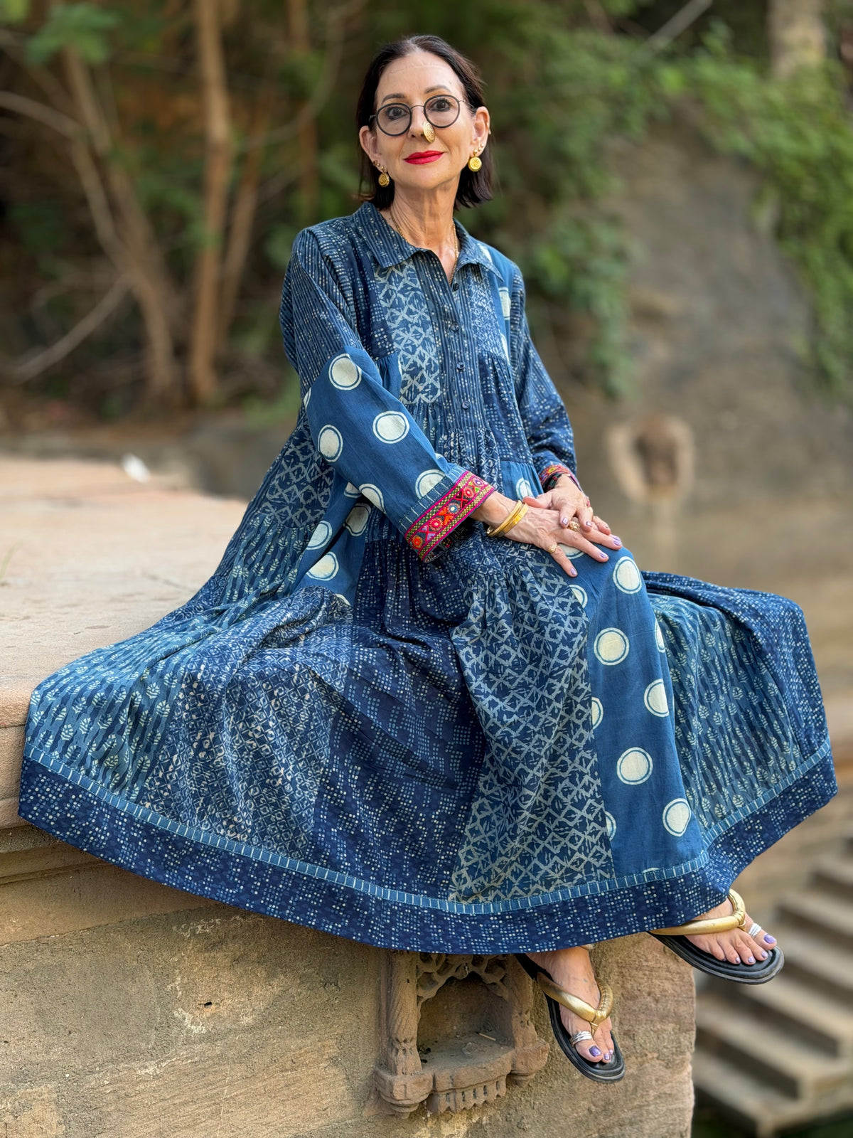 Madame Hall Indigo Blue Polka Dot Hand-Embroidered Patchwork Dress
