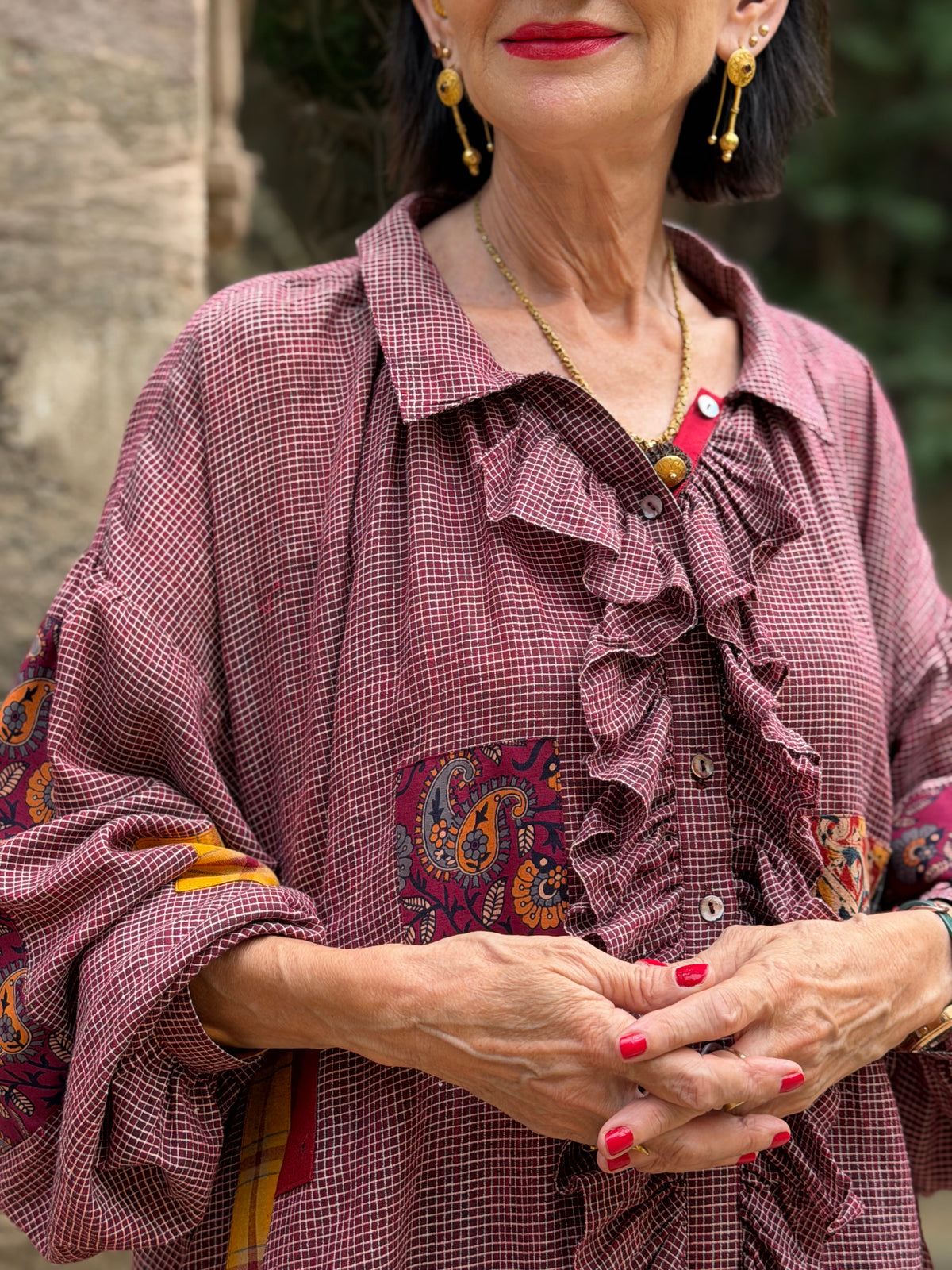 Limited Edition Bohemian Patchwork Handwoven Muslin-Cotton Ruffled Shirt