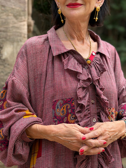Limited Edition Bohemian Patchwork Handwoven Muslin-Cotton Ruffled Shirt
