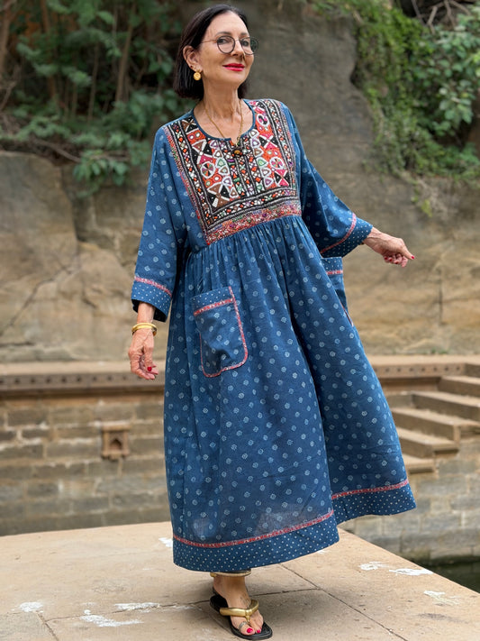 The Indigo Jat Dress: 1-of-1 Vintage Ajrakh Artwear