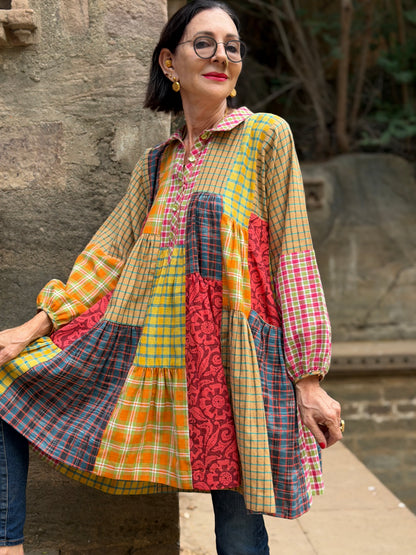 Limited Edition Khadi Cotton Trapeze Patchwork Tiered Shirt