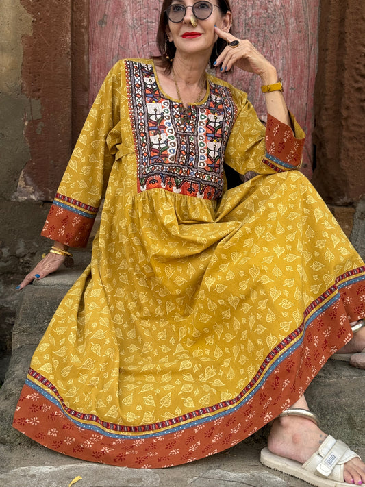 Hand Printed Organic Cotton Dress with Vintage Kutch Embroidery – Yellow Boho Midi Dress with Pockets