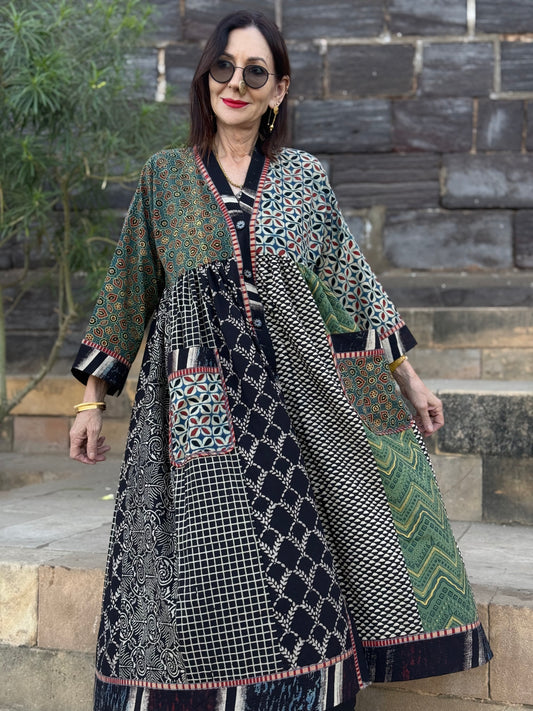 Handmade Cotton Kaftan Dress, Ajrakh Block Print, Art Wear